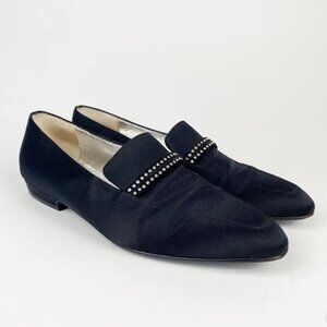Fratelli Rossetti 1990s VTG Italian Black Silk Satin Rhinestone Loafers Shoes 36